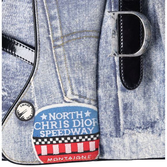 Dior Denim Print Double Saddle Bowler Blue Black Multi Canvas Patent Leather - Picture 2 of 9